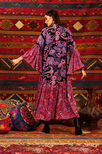 Yacamim Women's Long Kimono with 3/8 Flare Sleeves, Pink Patchwork Print