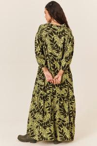 Vestido Longo Com Mangas Bufantes Verde Estampa Folhas Pretas Yacamim C2