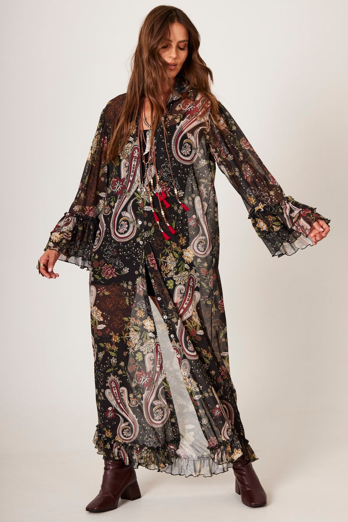 Long Black Tulle Shirt with Cashmere Print Yacamim N9