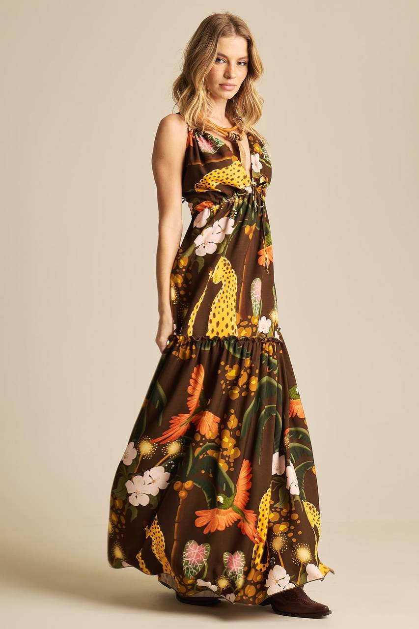 Yacamim E21 Brown Printed Long Dress with Straps