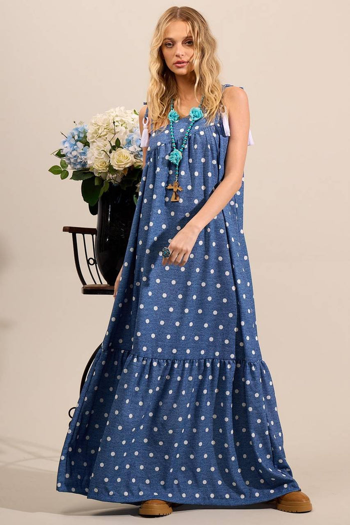 Yacamim Asymmetrical Cut Long Dress with Adjustable Straps and Blue Polka Dot Print