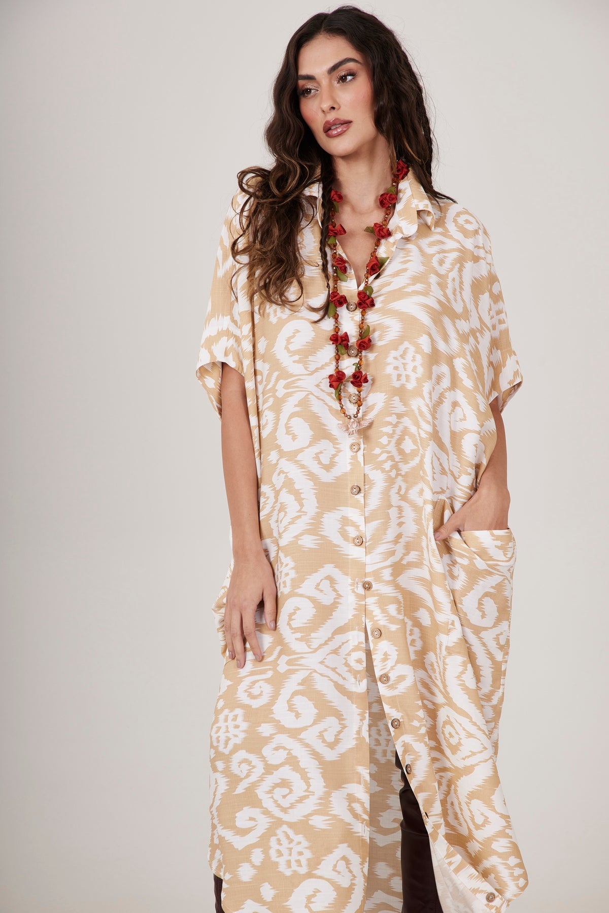 Yacamim L1 Mustard Printed Button-Front Midi Shirtdress