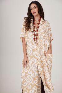 Yacamim L1 Mustard Printed Button-Front Midi Shirtdress