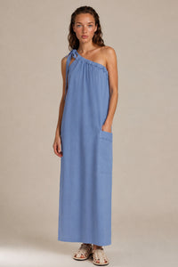 Vestido Longo Viscolinho Alça Transversal Azul Petróleo Yacamim C22