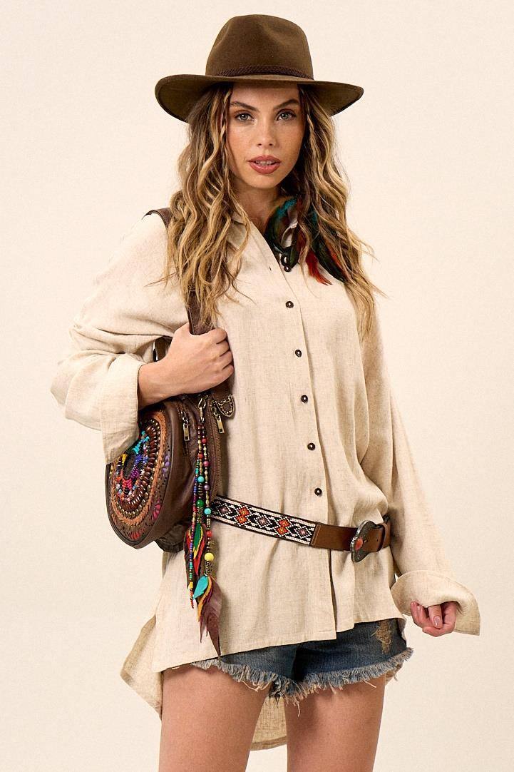 Yacamim A27 Beige Extended Viscose Linen Loose Shirt