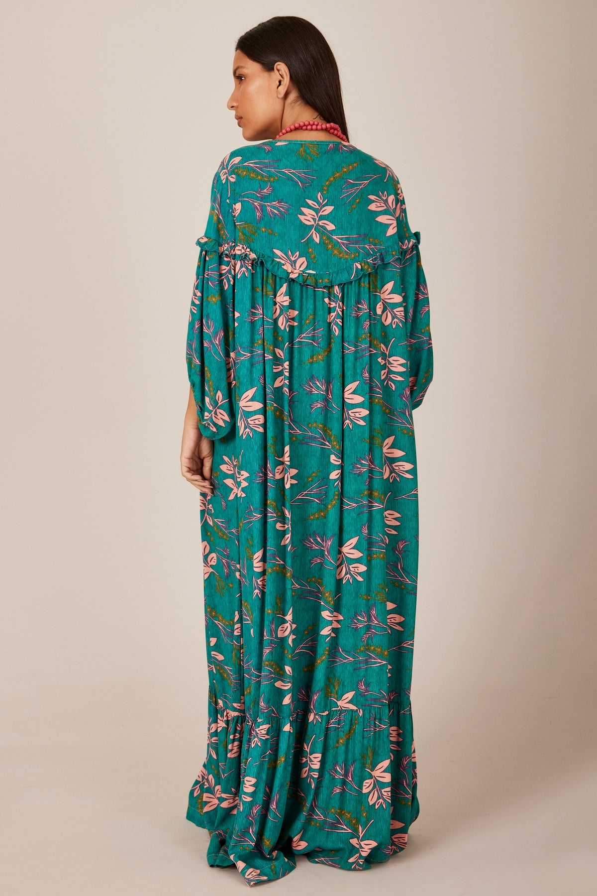 Yacamim C2 Green Printed Long Dress with Puffy Sleeves