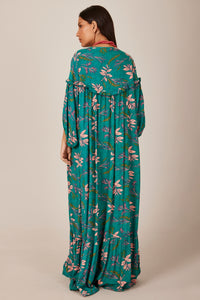 Yacamim C2 Green Printed Long Dress with Puffy Sleeves