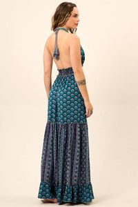 Yacamim C19 Blue Patchwork Long Dress with Shirred Halter Neckline