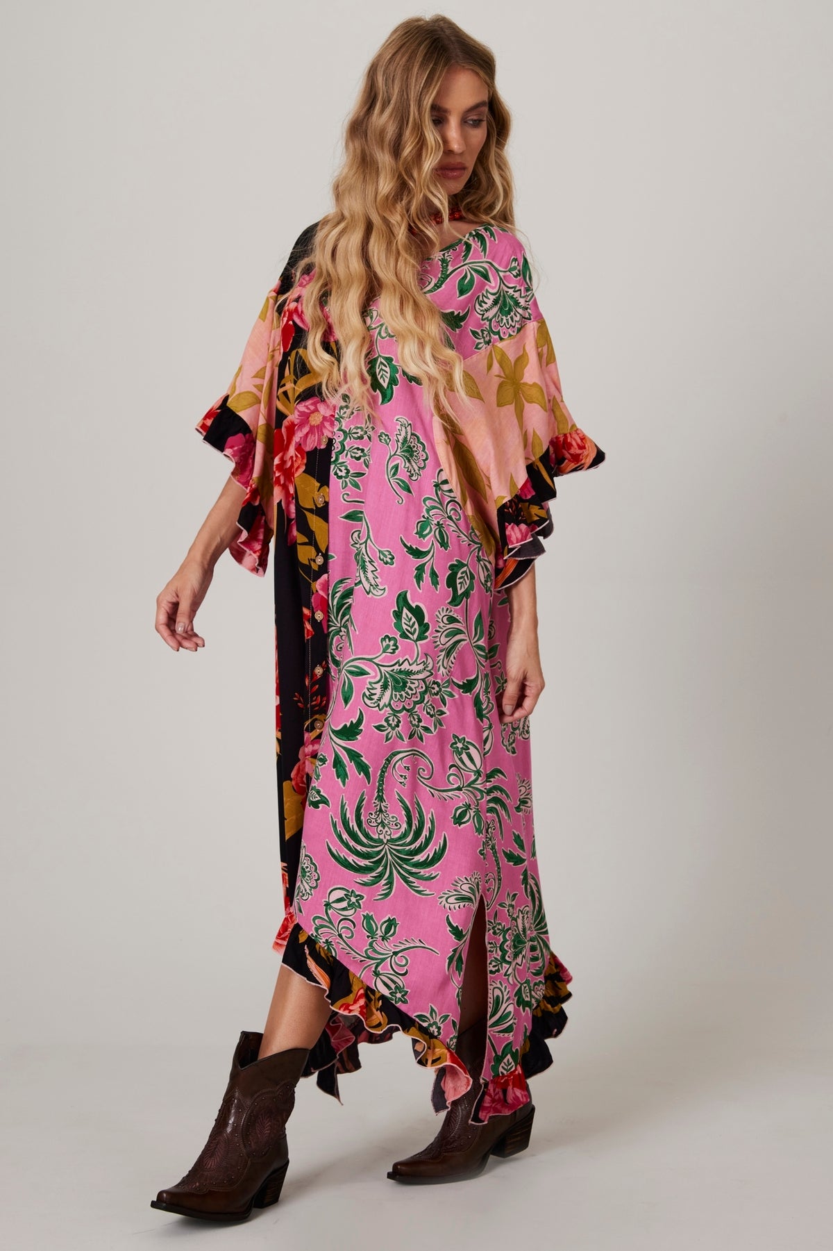 Yacamim J2 Loose Kaftan with Printed Rose Patchwork