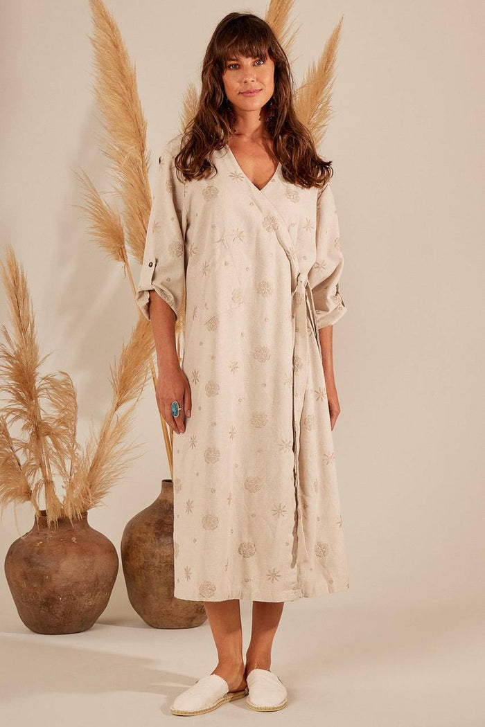 Yacamim D26 Embroidered Beige Wrap Linen Midi Dress