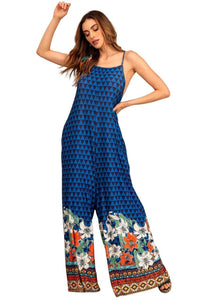 Yacamim O6 Blue and Black Geometric Print Jumpsuit with Pockets