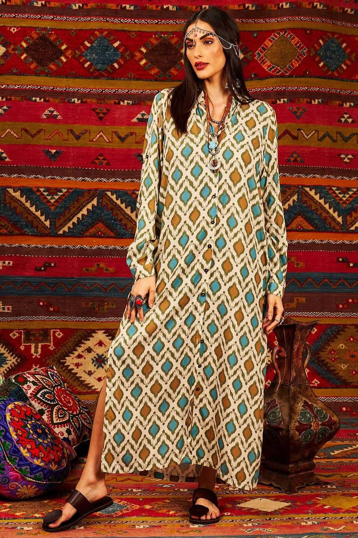 Long Chemise with Long Sleeves and Side Slits Green Yacamim Print