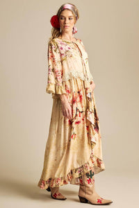 Yacamim D23 Beige Printed Midi Dress With Front Slit