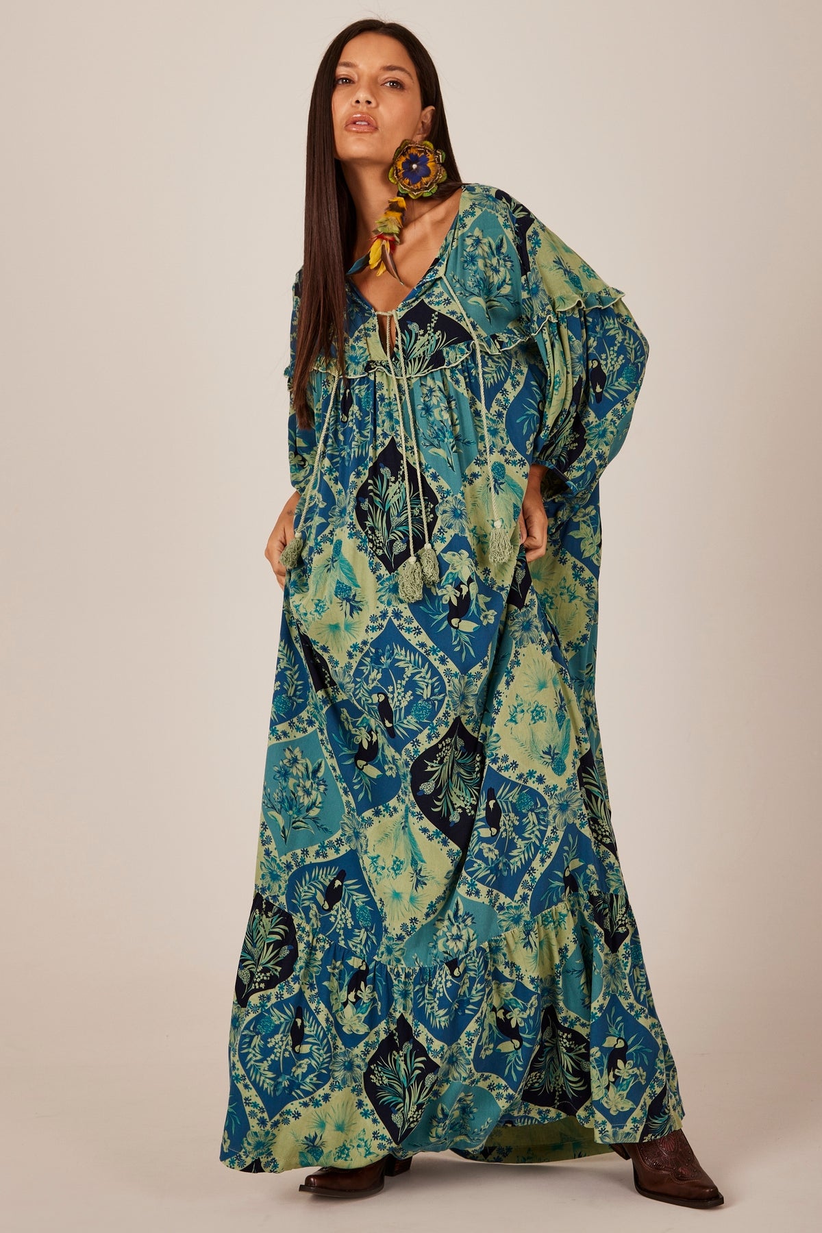 Long Dress with Puffed Sleeves Green Printed Yacamim C11
