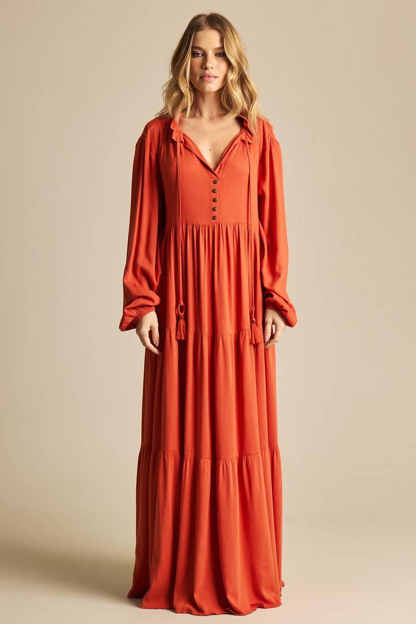Rust Orange Three-Tiered Long Dress Yacamim D1