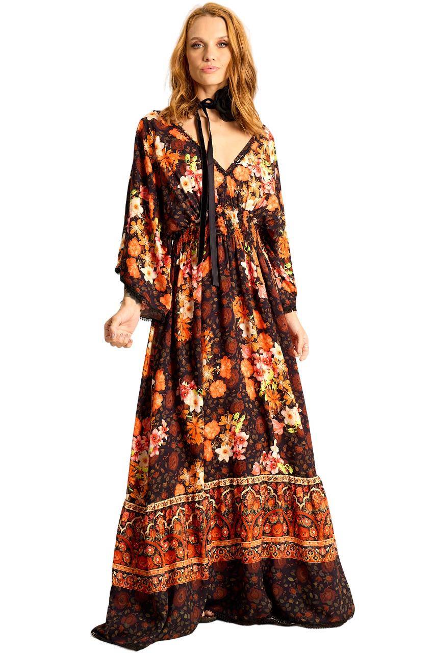 Yacamim Floral Print V-Neck Long Dress with Smocked Bodice