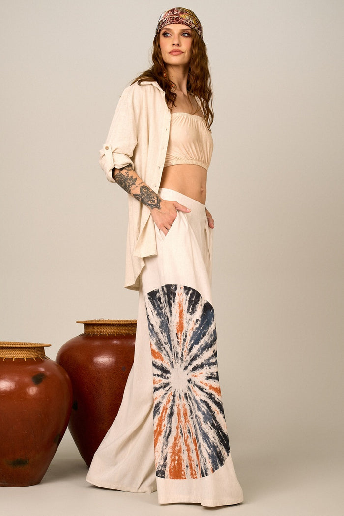Yacamim H5 Beige Viscose Linen Sarouel Pants with Mandala Print