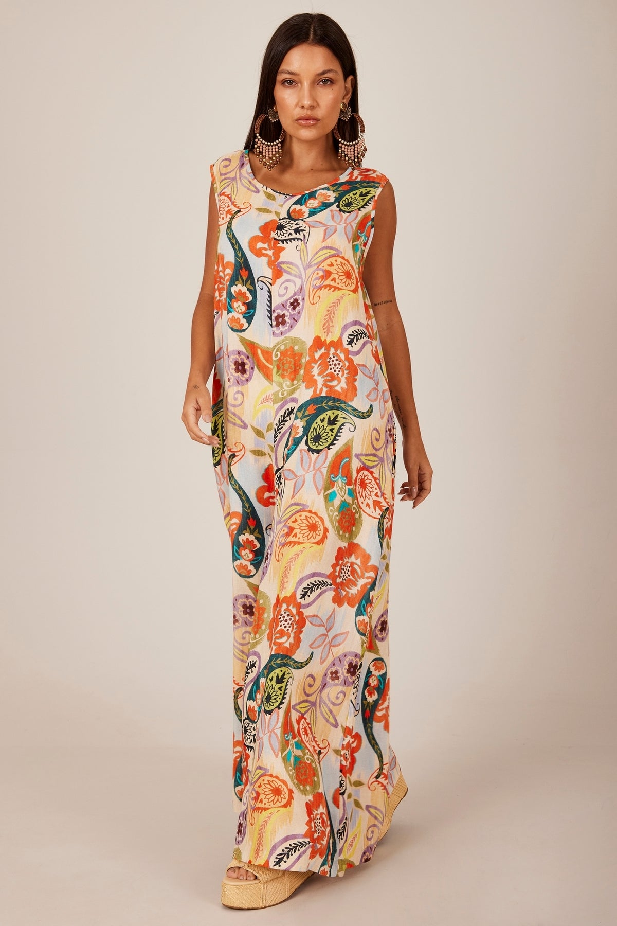 Yacamim Women's Beige Cashmere Print Long Linen Jumpsuit P1