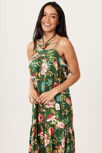 Yacamim Women's Long Ruffled Green Printed Dress C5