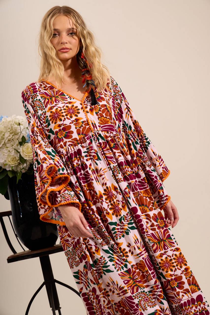 Yacamim Printed Beige and Burgundy Long Dress with Flare Sleeves