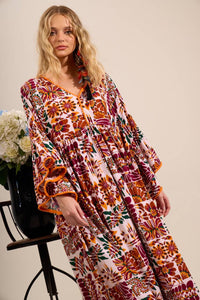 Yacamim Printed Beige and Burgundy Long Dress with Flare Sleeves