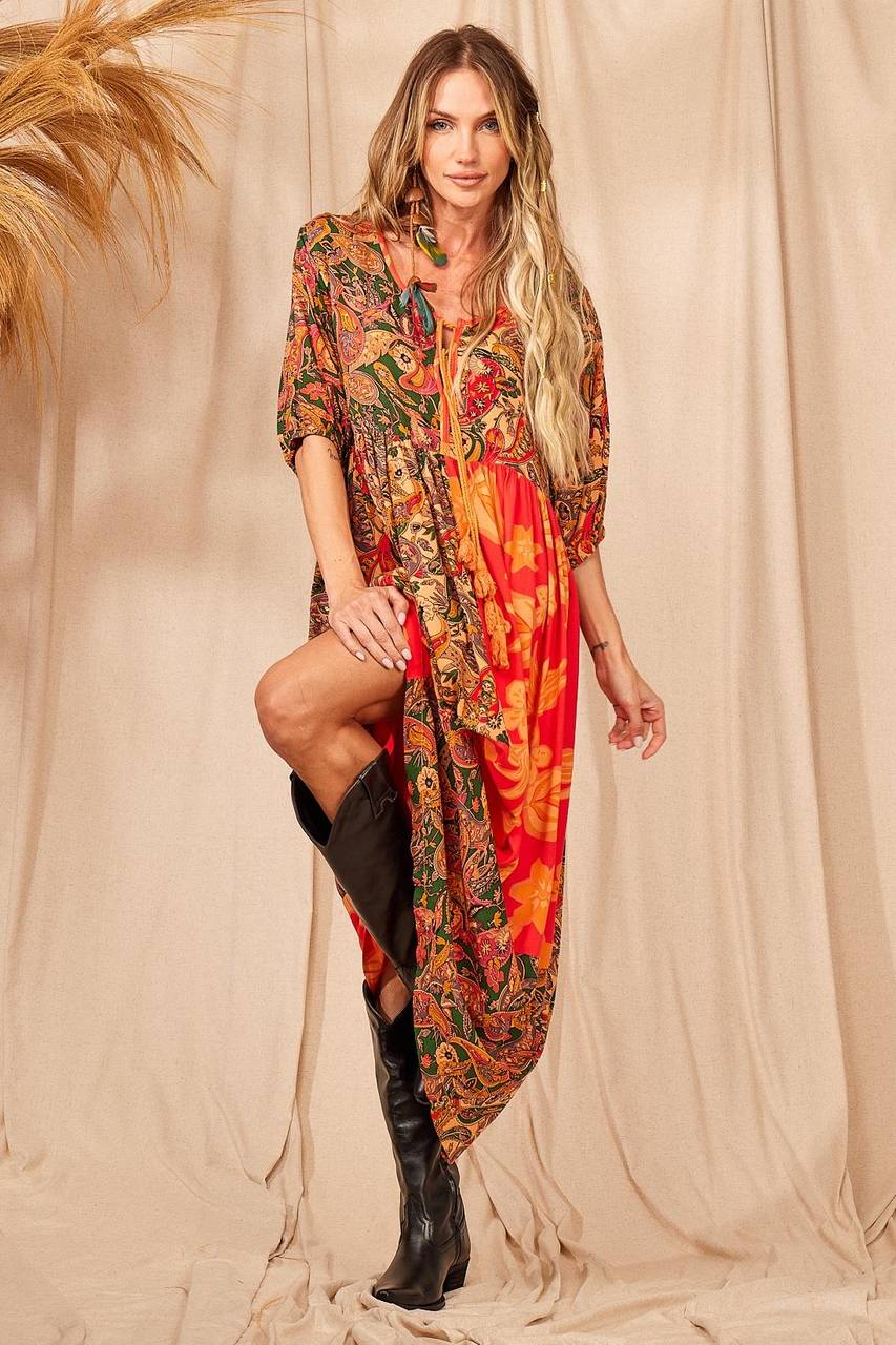 Yacamim C9 Orange Patchwork Midi Dress with 3/4 Sleeves