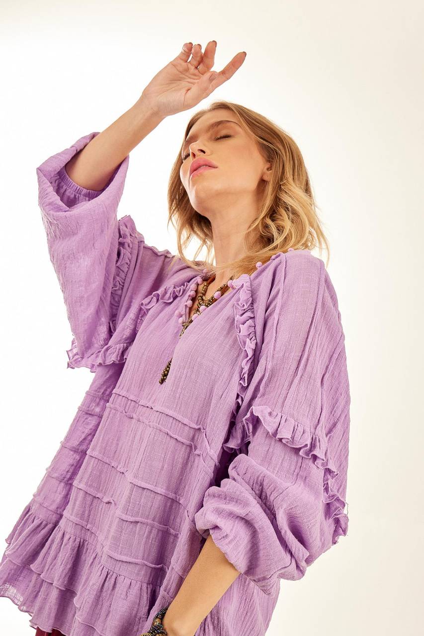 Yacamim Lilac B13 Wide Tunic with Long Puffy Sleeves