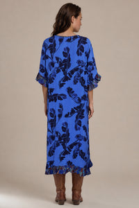 Kaftan Midi Com Babados E Pontas Laterais Azul Patchwork Yacamim J6