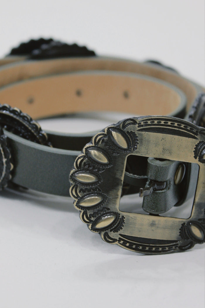 Dark Green Leather Belt With Old Gold Buckle Yacamim #671