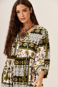 Yacamim White and Green Geometric Midi Dress E15