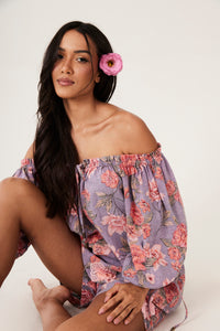 Paraty Gypsy Blouse 100% Cotton Lilac Floral Yacamim B10