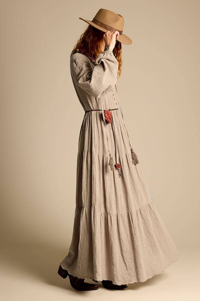 Yacamim Long Linen 3 Tier Dress in Green E20