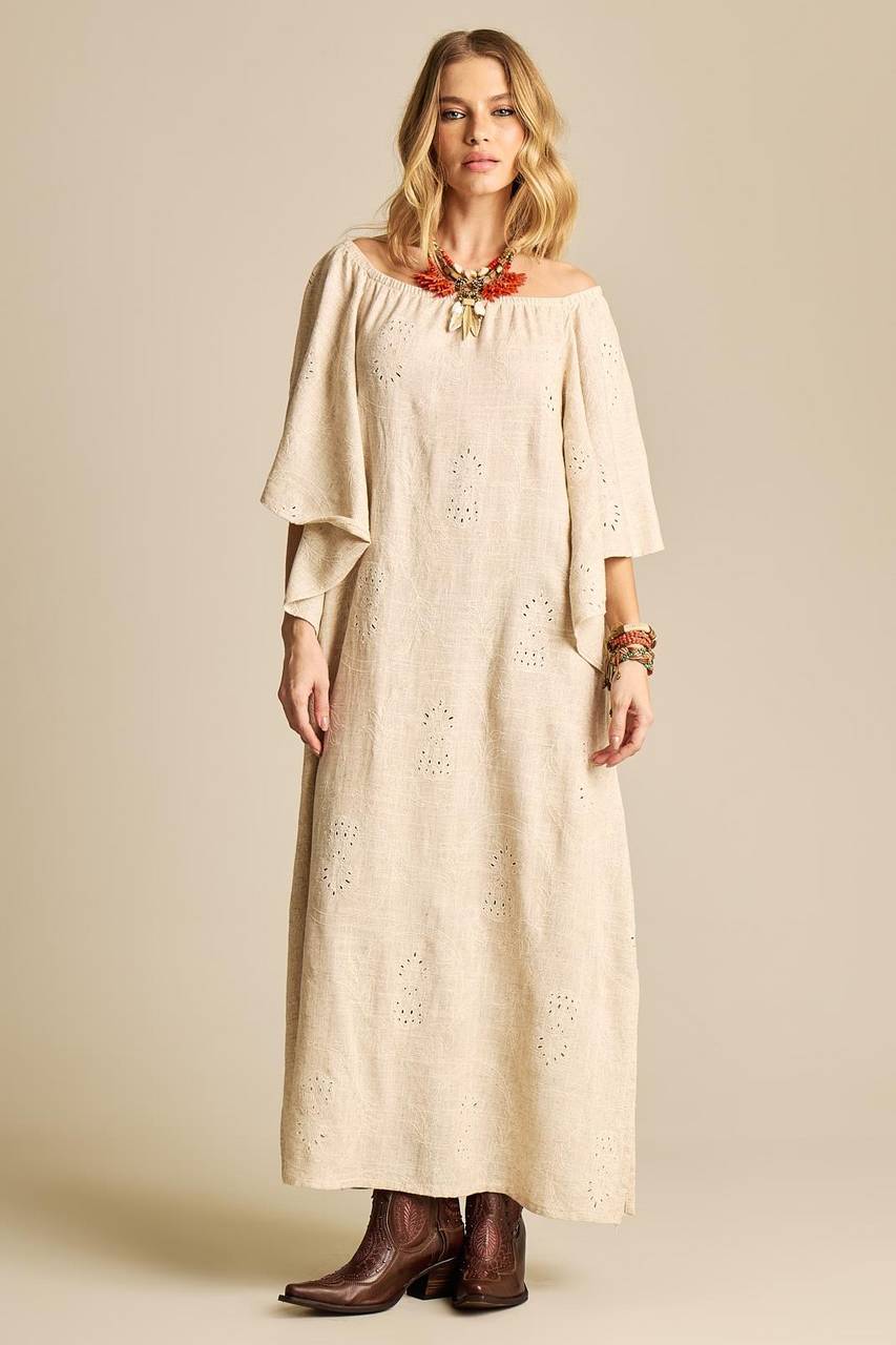 Yacamim E22 Beige Broderie Linen Off-the-Shoulder Long Dress