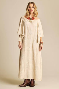 Yacamim E22 Beige Broderie Linen Off-the-Shoulder Long Dress
