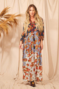 Yacamim D6 Long Patchwork Dress with Puffy Long Sleeves