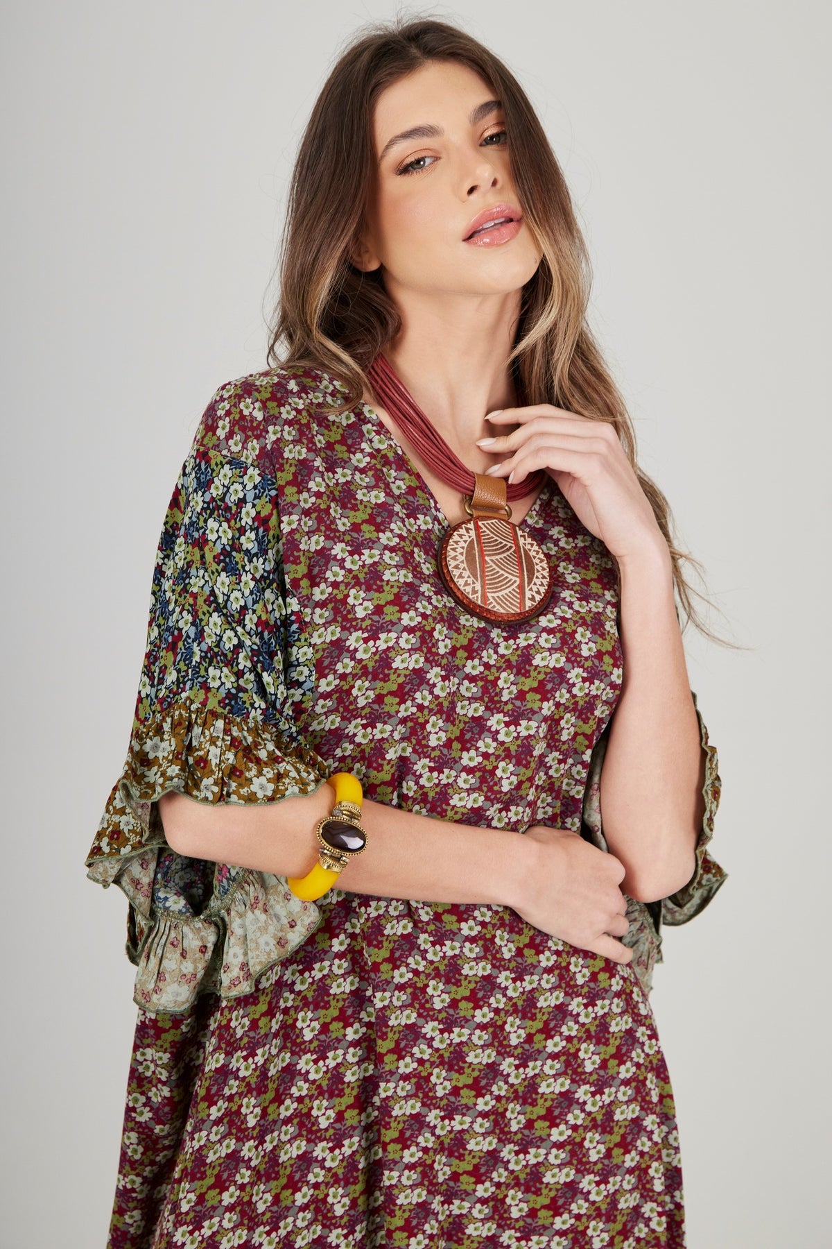 Burgundy and Green Patchwork Kaftan Midi Yacamim J1
