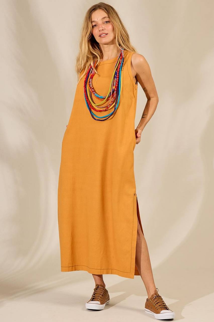 Yacamim E23 Mustard Linen Tank Midi Dress