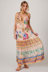 Yacamim K1 Orange Printed Tulle Midi Dress with Tie Straps