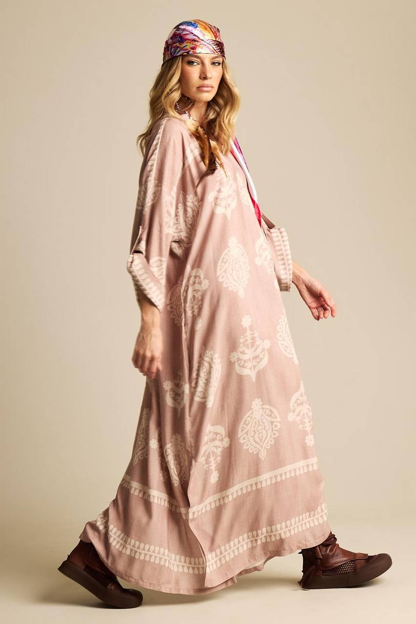 Light Brown Printed Wrap V-Neck Maxi Dress Yacamim N3