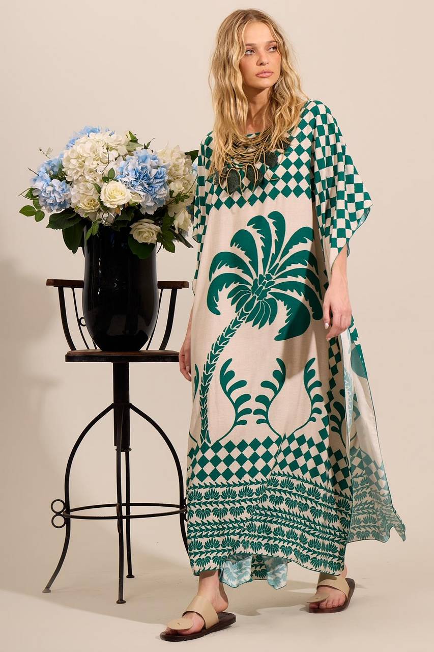 Yacamim J2 Wide Long Canoe Neck Green Printed Kaftan