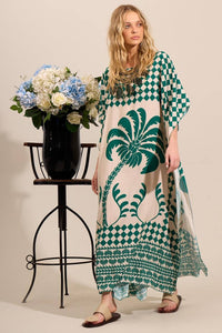 Yacamim J2 Wide Long Canoe Neck Green Printed Kaftan
