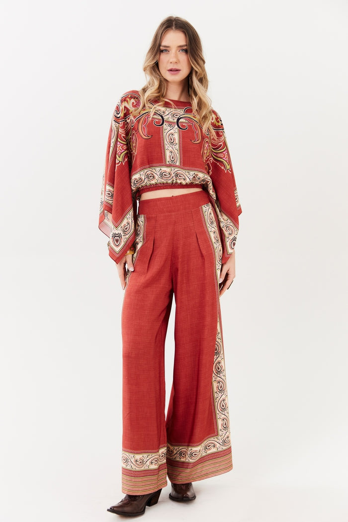 Calça Pantalona Terracota Estampa Paisley Yacamim A20