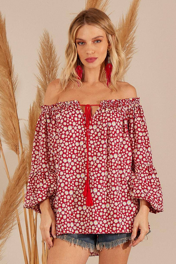Yacamim Red Printed Gypsy Blouse with Long Puff Sleeves