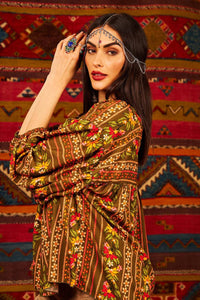 Yacamim Green Printed Long Puffy Sleeve Tunic