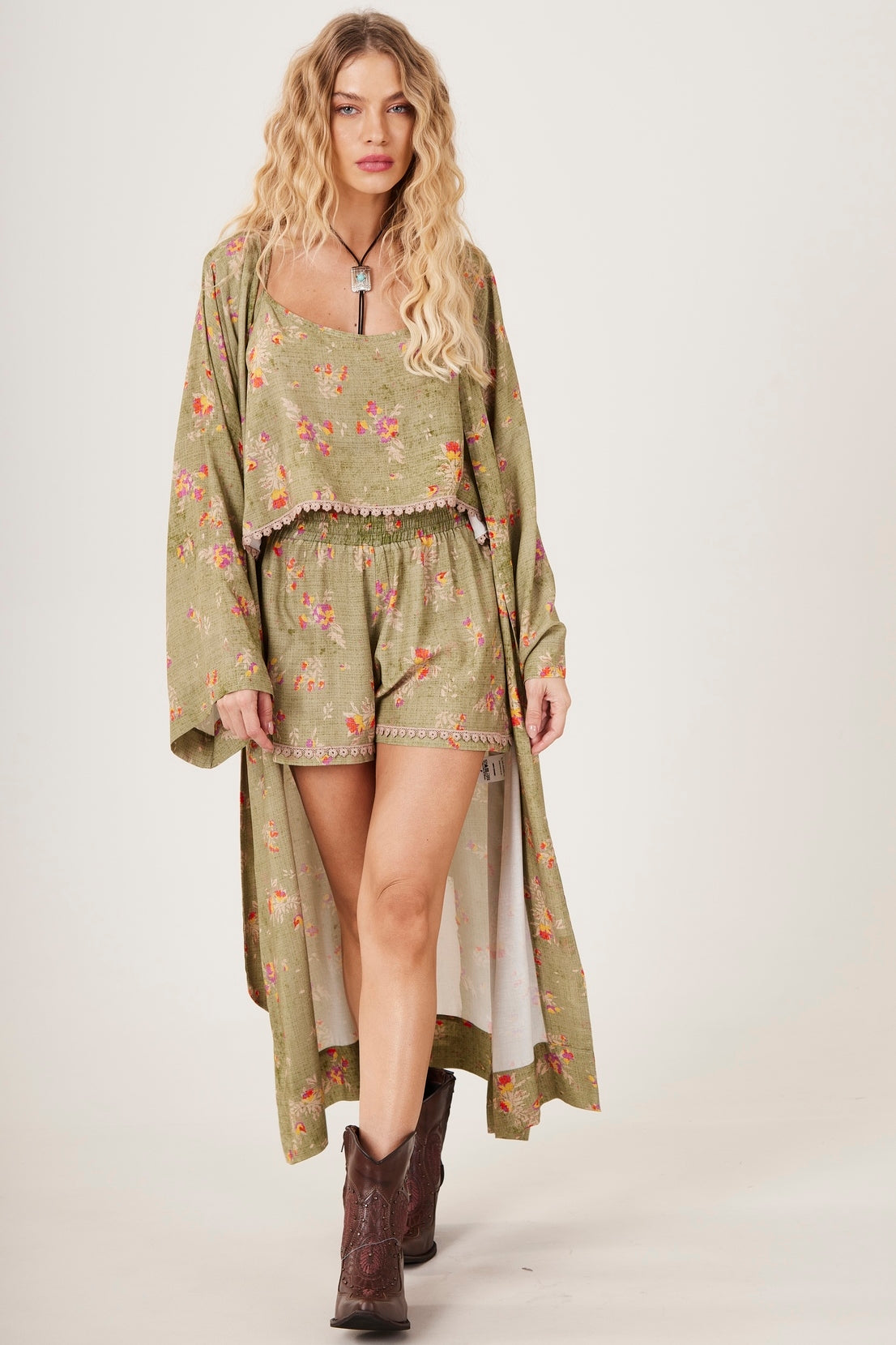 Yacamim Olive Green Printed Cropped Top and Shorts Set A6