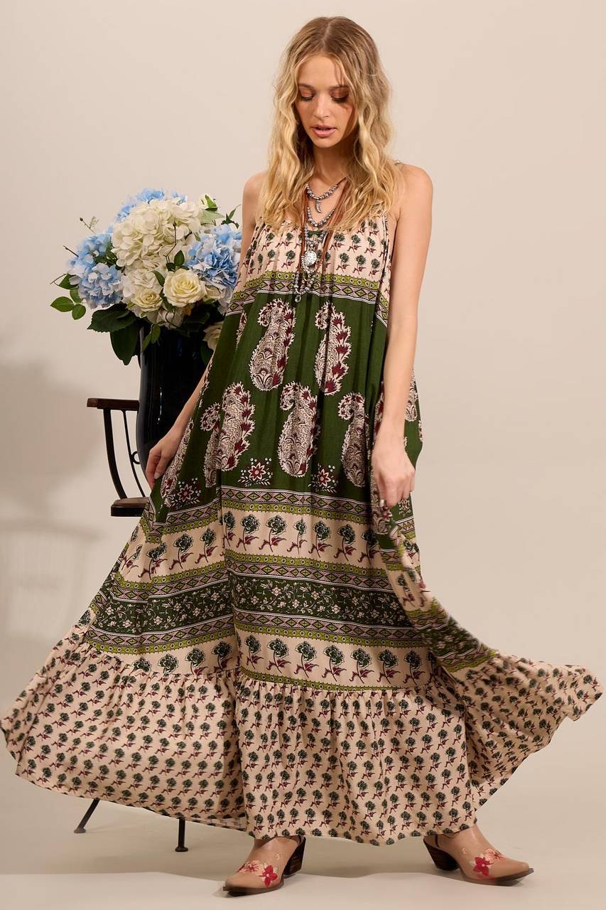 Yacamim Printed Green Strappy Long Dress