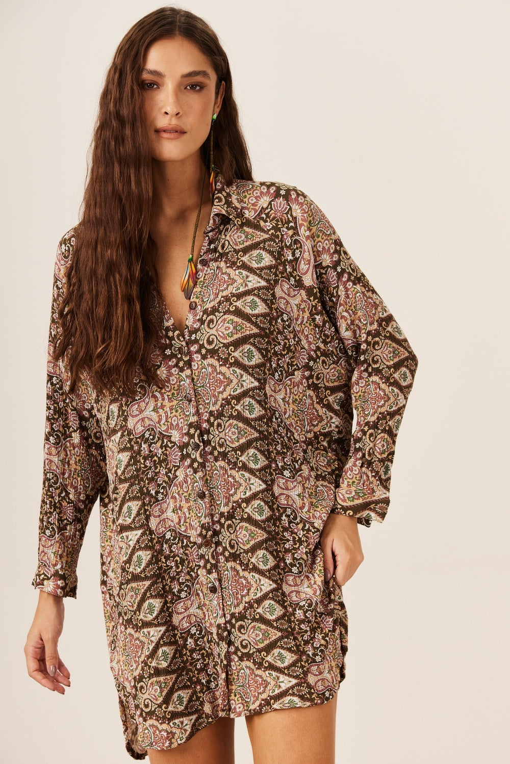 Yacamim P9 Brown Loose Paisley Print Shirt