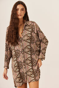 Yacamim P9 Brown Loose Paisley Print Shirt