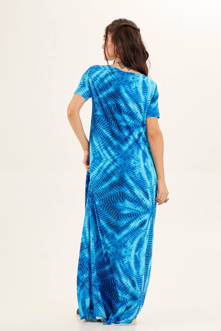 Loose-Fitting Long Dress with Short Sleeves and Blue Tie-Dye Yacamim Digital Print