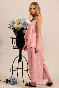 Yacamim Rosé Embroidered Floral Broderie Pantacourt Pants